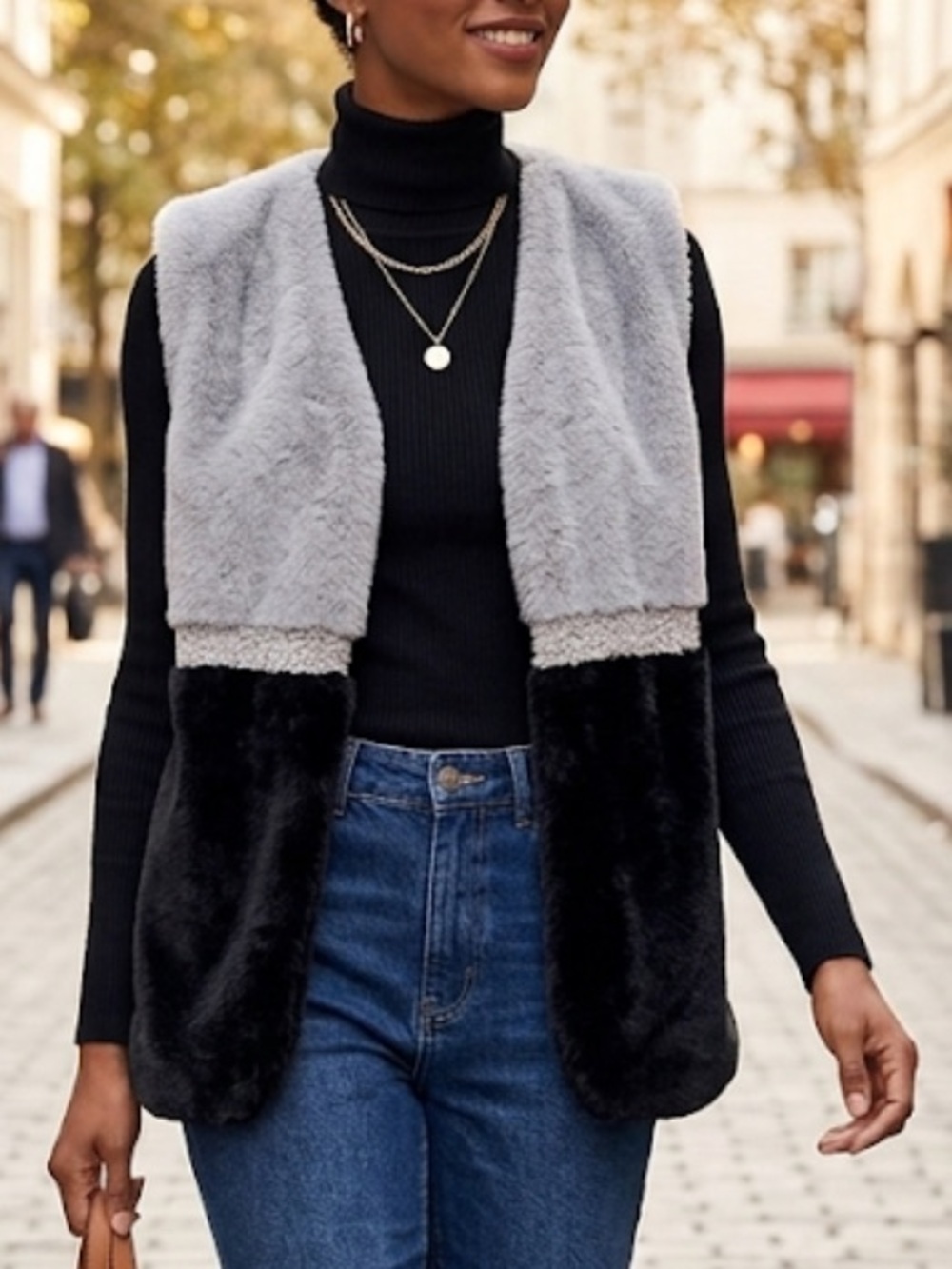 Madison 88 Faux Shearling Fur open front Colorblock Gray Black Vest S/M